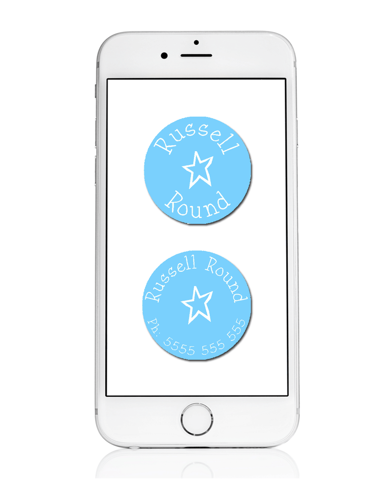 White iPhone with round name labels