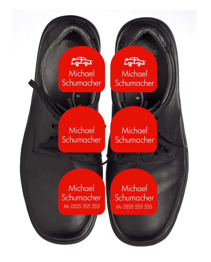 Black school shoes with red name labels for shoes