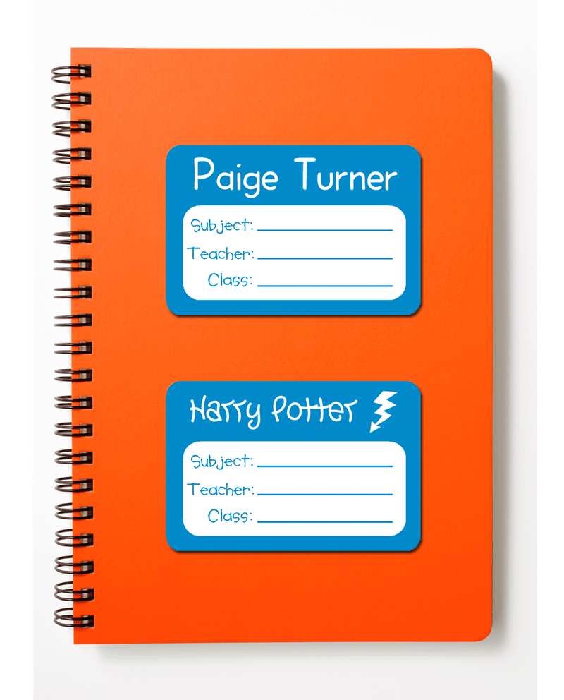 Orange school exercise book with blue name and subject labels